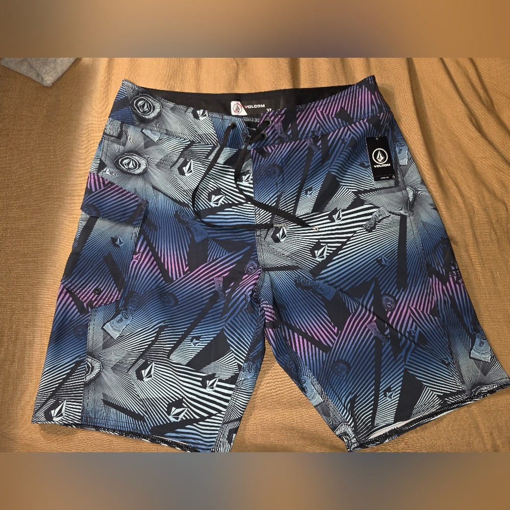 Summer SALE Volcom Geometric Print Board Shorts - Blue, Purple, Black